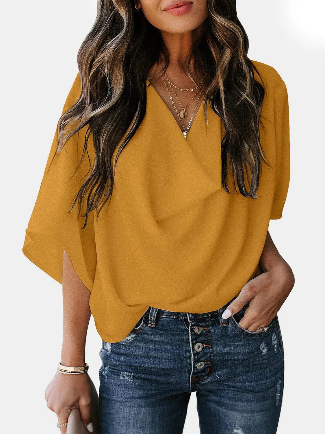 Blaine Full Size Cowl Neck Three-Quarter Sleeve Blouse