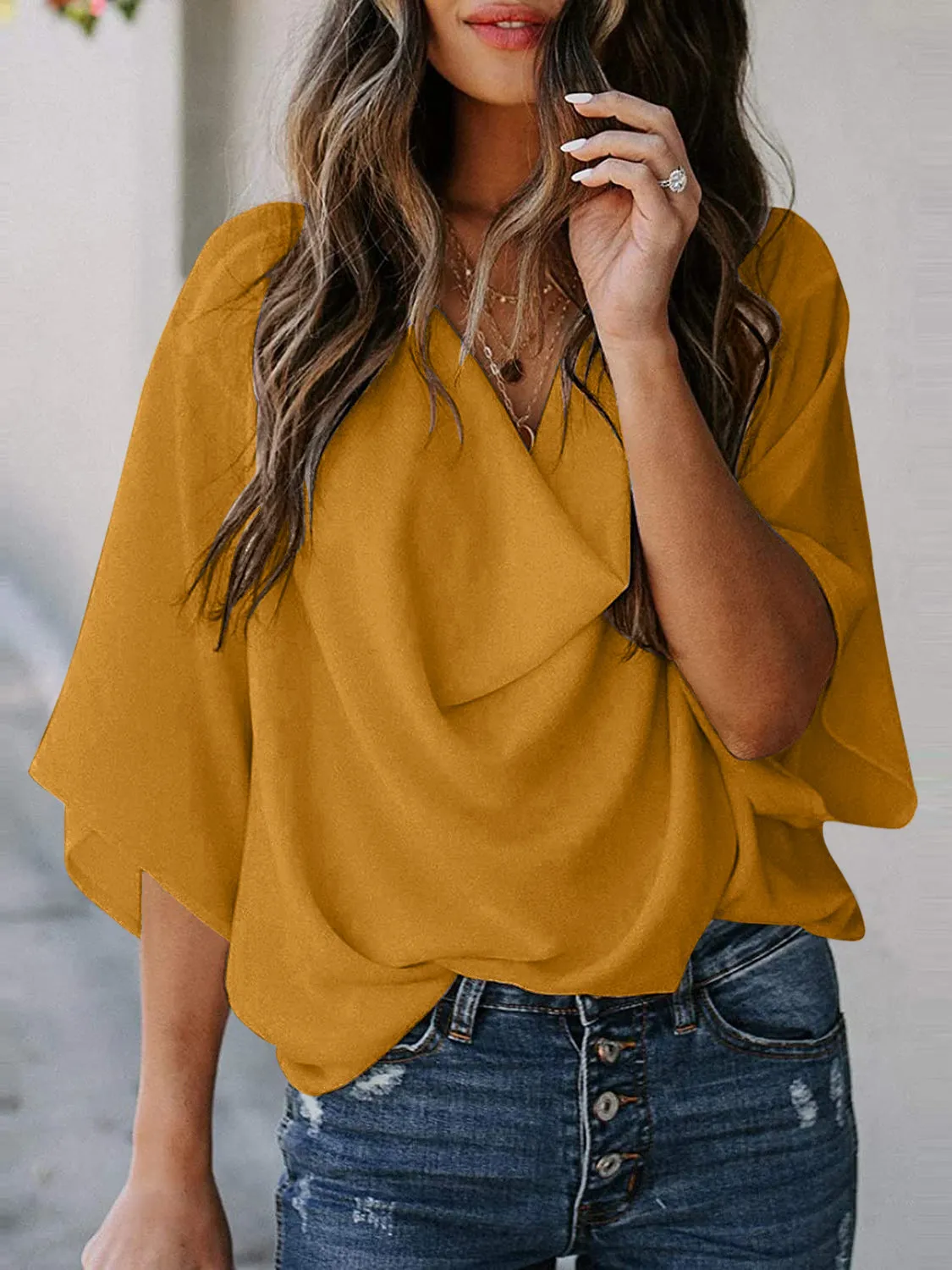 Blaine Full Size Cowl Neck Three-Quarter Sleeve Blouse