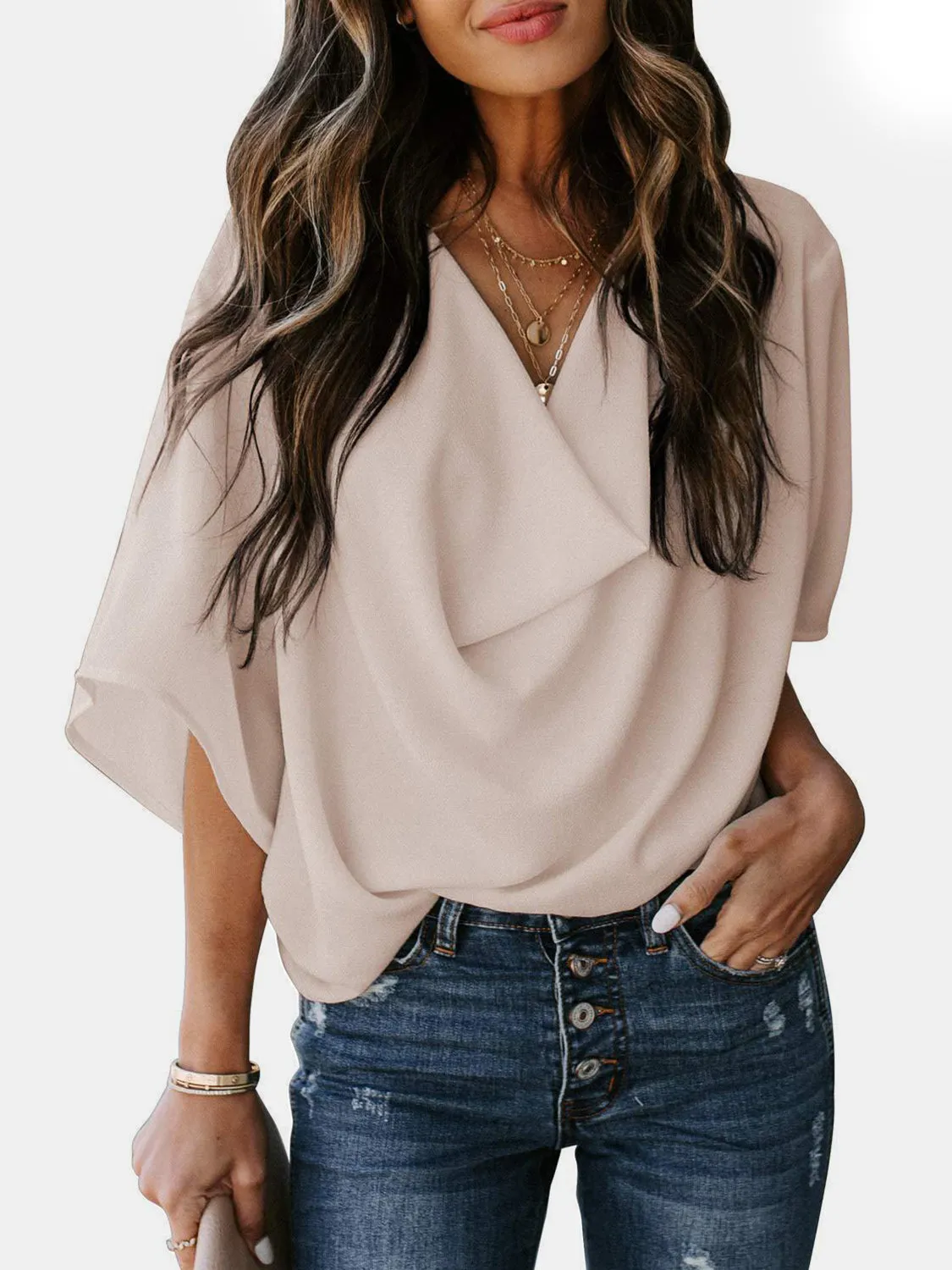 Blaine Full Size Cowl Neck Three-Quarter Sleeve Blouse
