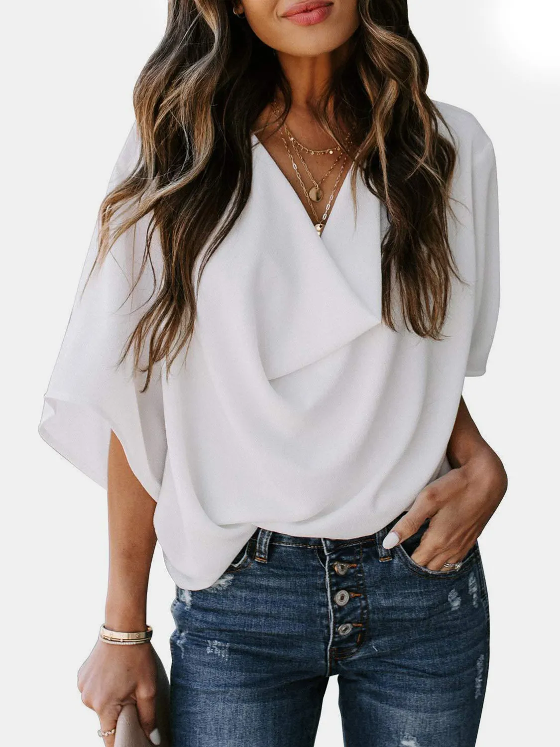 Blaine Full Size Cowl Neck Three-Quarter Sleeve Blouse
