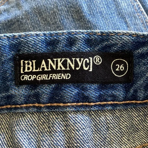 Blank NYC two tone, side stripe, distressed patched jeans 26