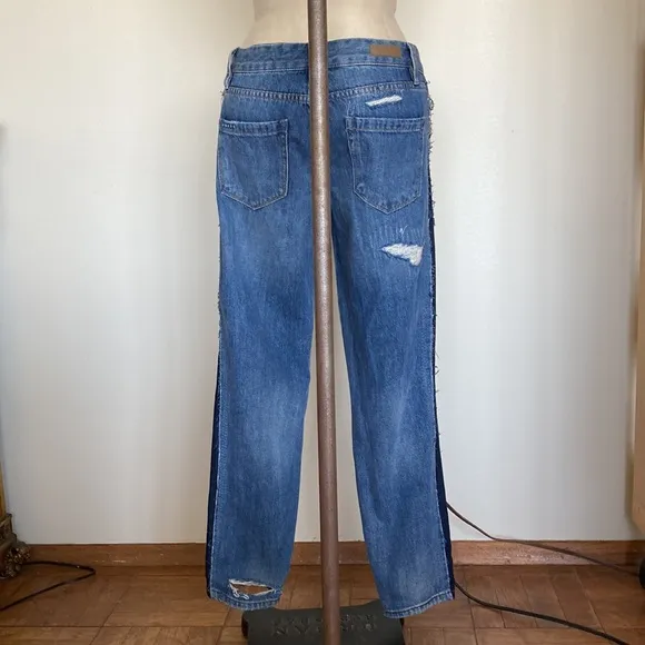 Blank NYC two tone, side stripe, distressed patched jeans 26