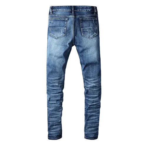 Blue Black Patch Ripped Jeans