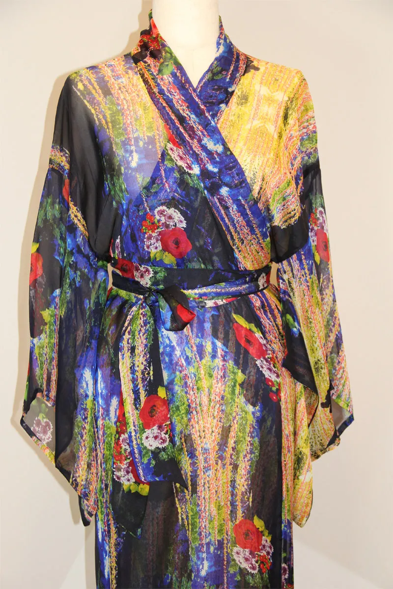 Blue Floral Chiffon Silk classic Kimono