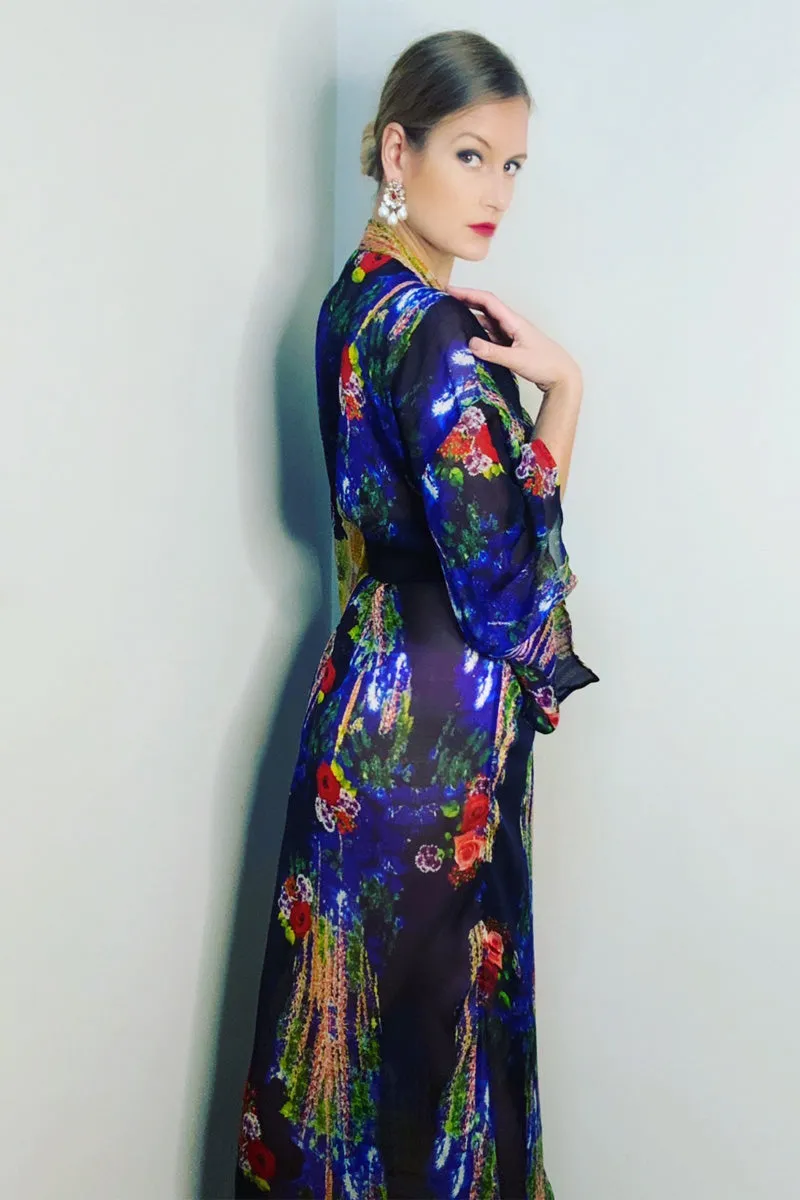 Blue Floral Chiffon Silk classic Kimono