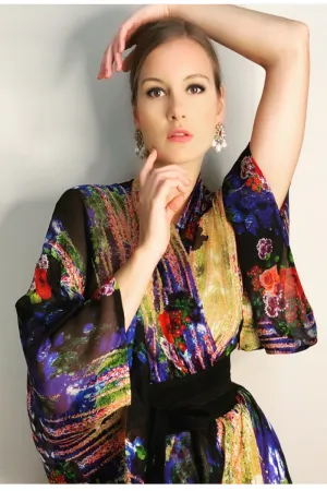 Blue Floral Chiffon Silk classic Kimono