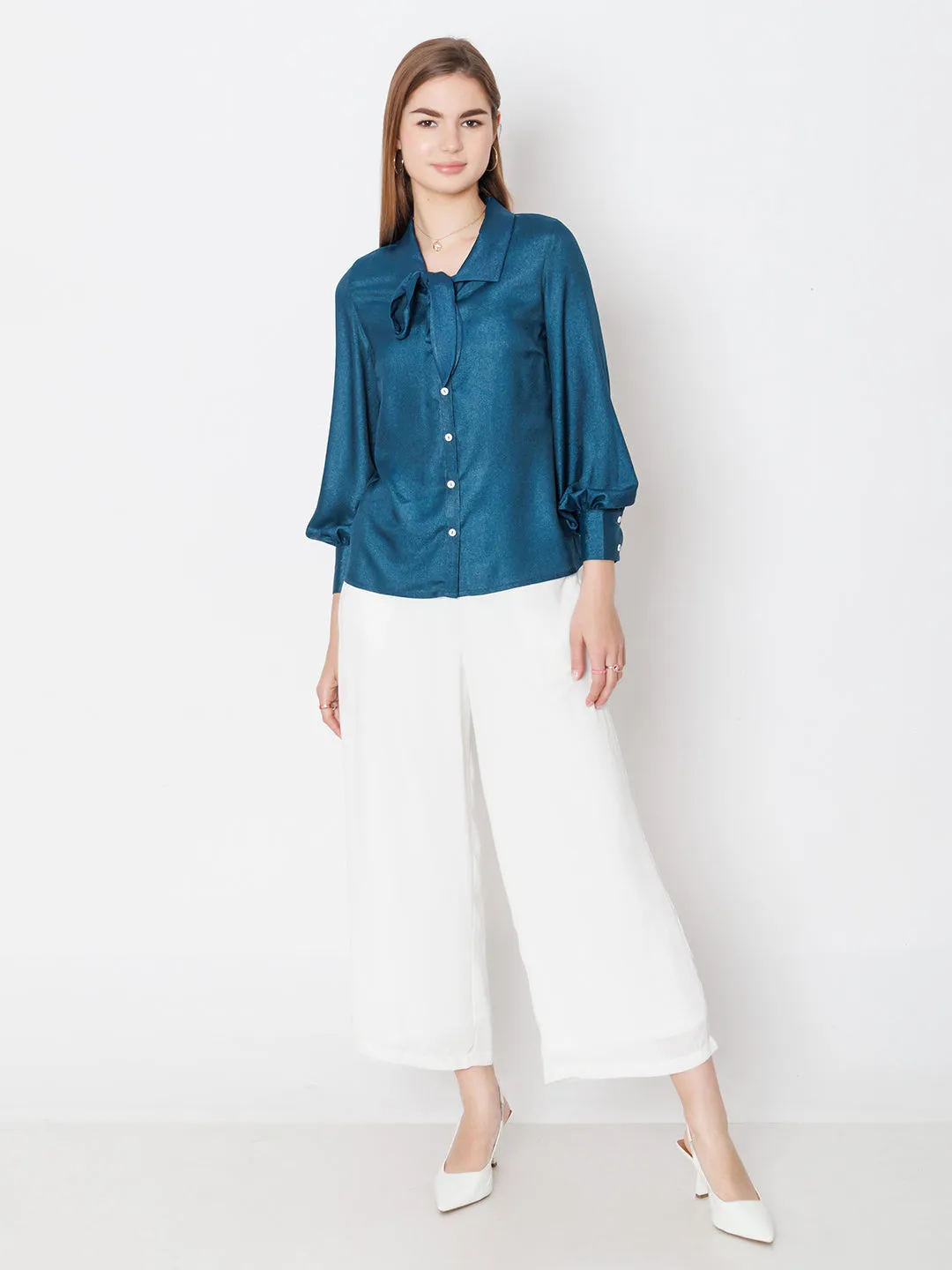 Blue Solid Basic Tie Up Shirt