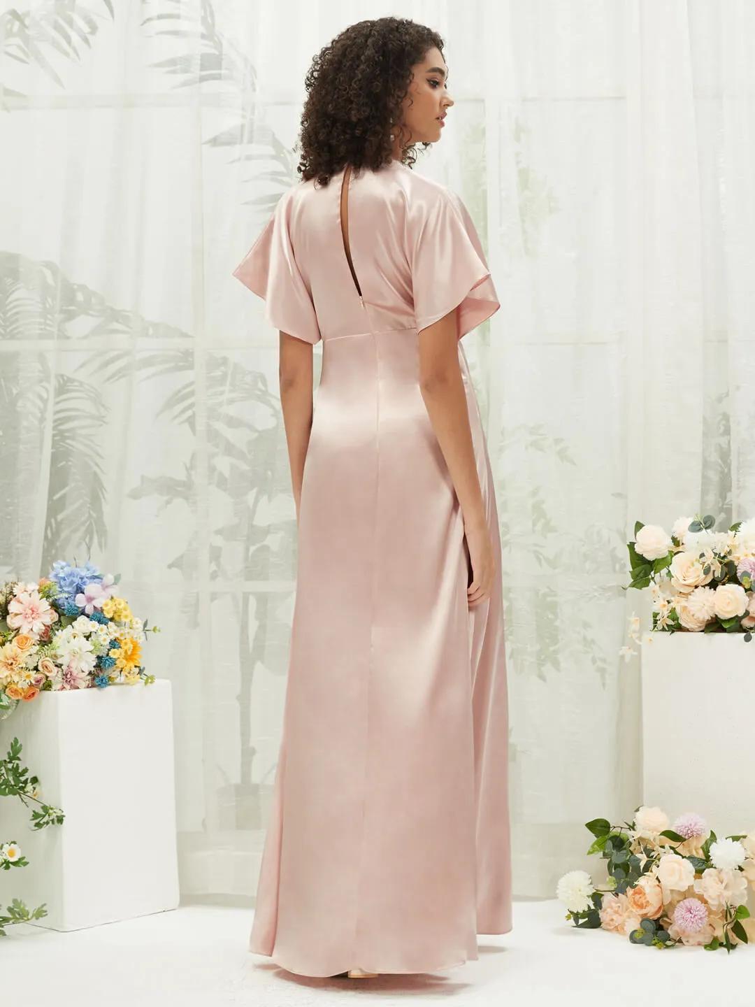 Blush V-Neck Short Sleeve Satin Maxi Bridesmaid Dress With Slit