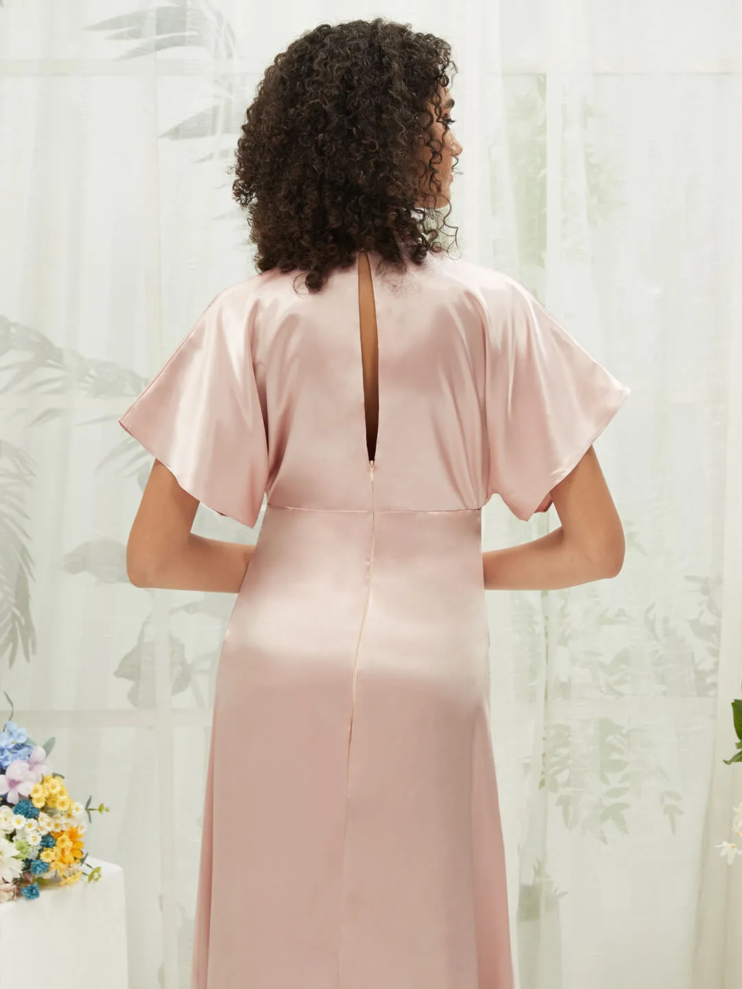Blush V-Neck Short Sleeve Satin Maxi Bridesmaid Dress With Slit