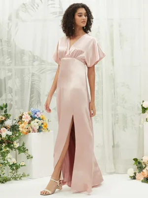 Blush V-Neck Short Sleeve Satin Maxi Bridesmaid Dress With Slit