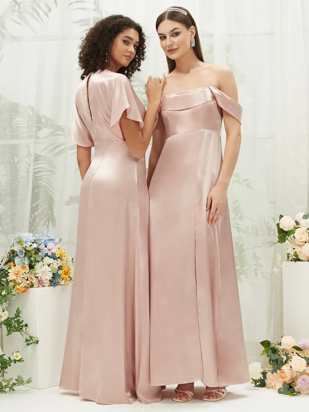 Blush V-Neck Short Sleeve Satin Maxi Bridesmaid Dress With Slit