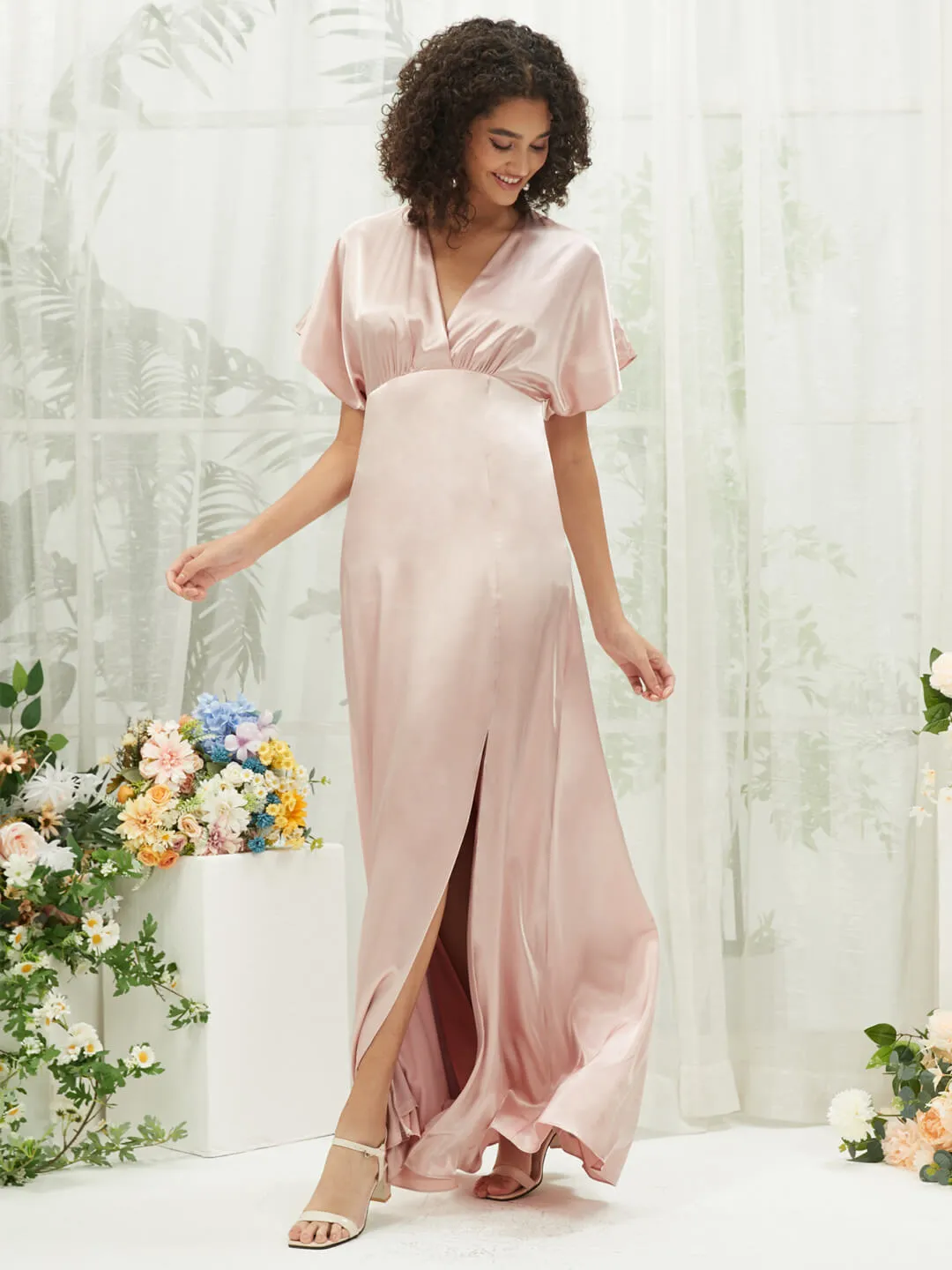 Blush V-Neck Short Sleeve Satin Maxi Bridesmaid Dress With Slit