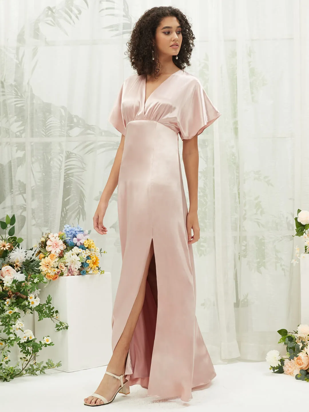 Blush V-Neck Short Sleeve Satin Maxi Bridesmaid Dress With Slit