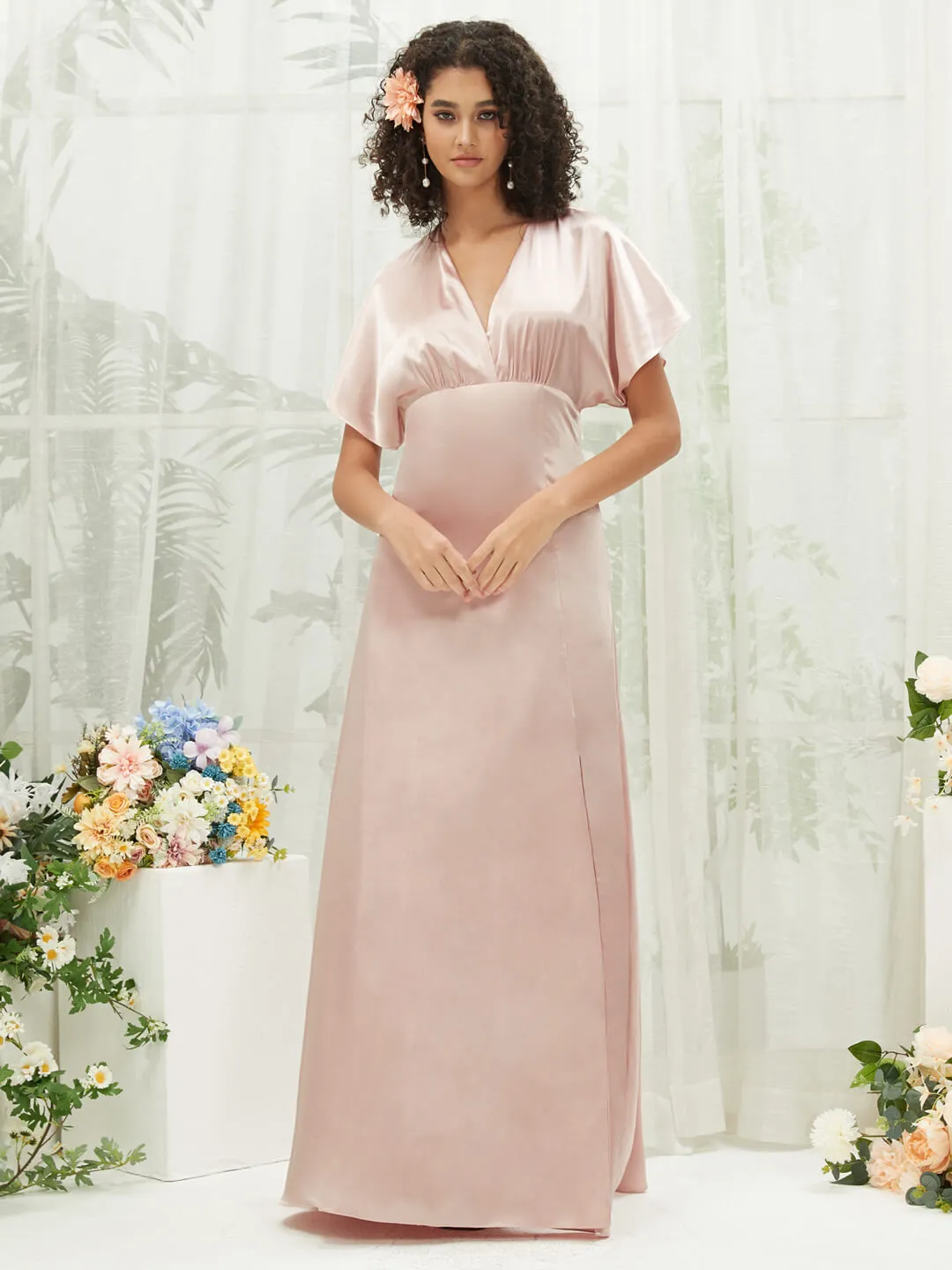 Blush V-Neck Short Sleeve Satin Maxi Bridesmaid Dress With Slit