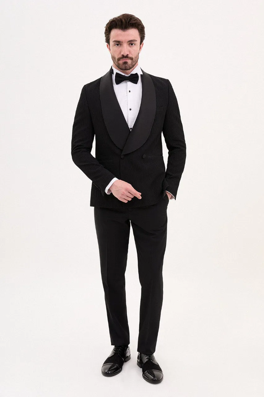 Brabion Luca Black Slim Fit Double Breasted Striped Tuxedo