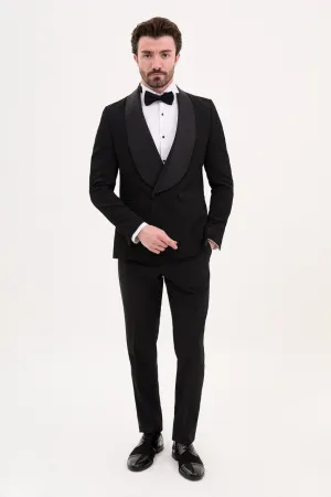 Brabion Luca Black Slim Fit Double Breasted Striped Tuxedo