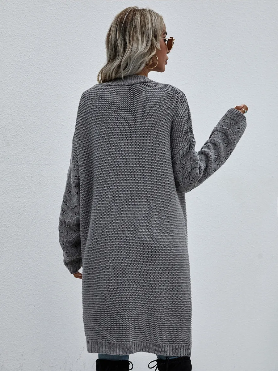 Braid Open Knit Long Cardigan - Grey