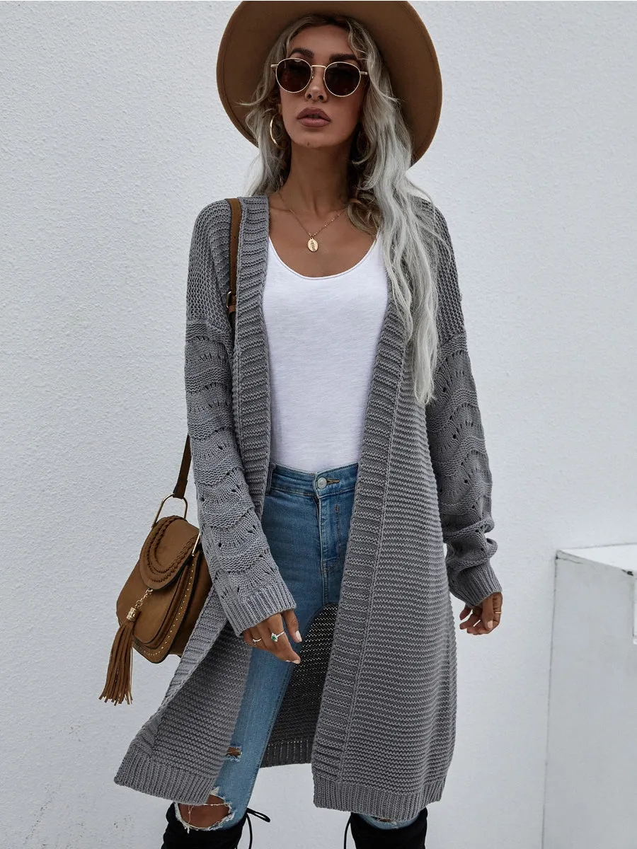 Braid Open Knit Long Cardigan - Grey
