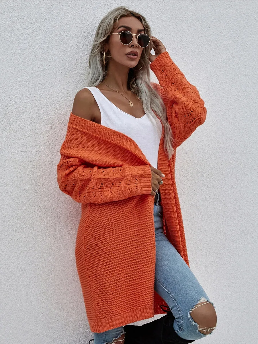 Braid Open Knit Long Cardigan - Orange