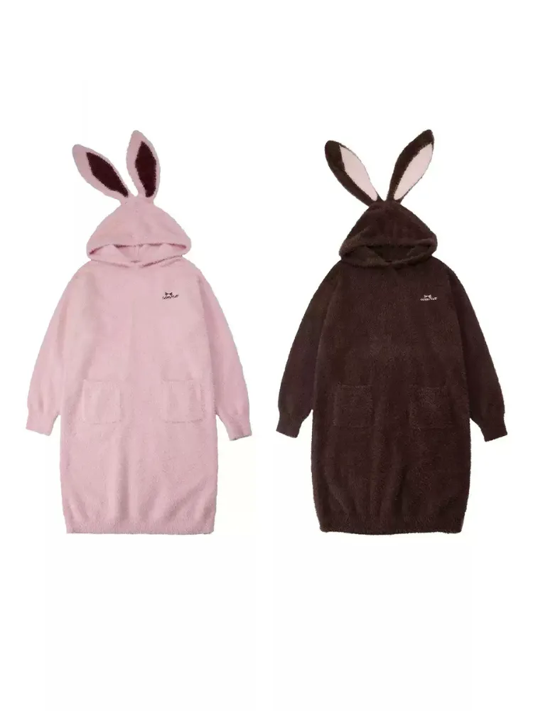 Bunny Ears Fleece Hooded Pajama Dress