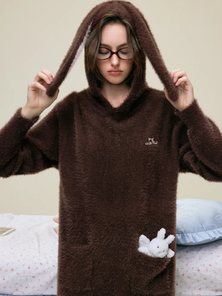 Bunny Ears Fleece Hooded Pajama Dress