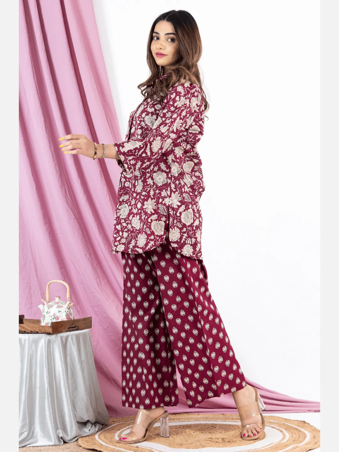 Burgundy Pure Cotton Collared Loungewear