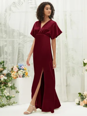 Burgundy V-Neck Short Sleeve Satin Maxi Bridesmaid Dress With Slit