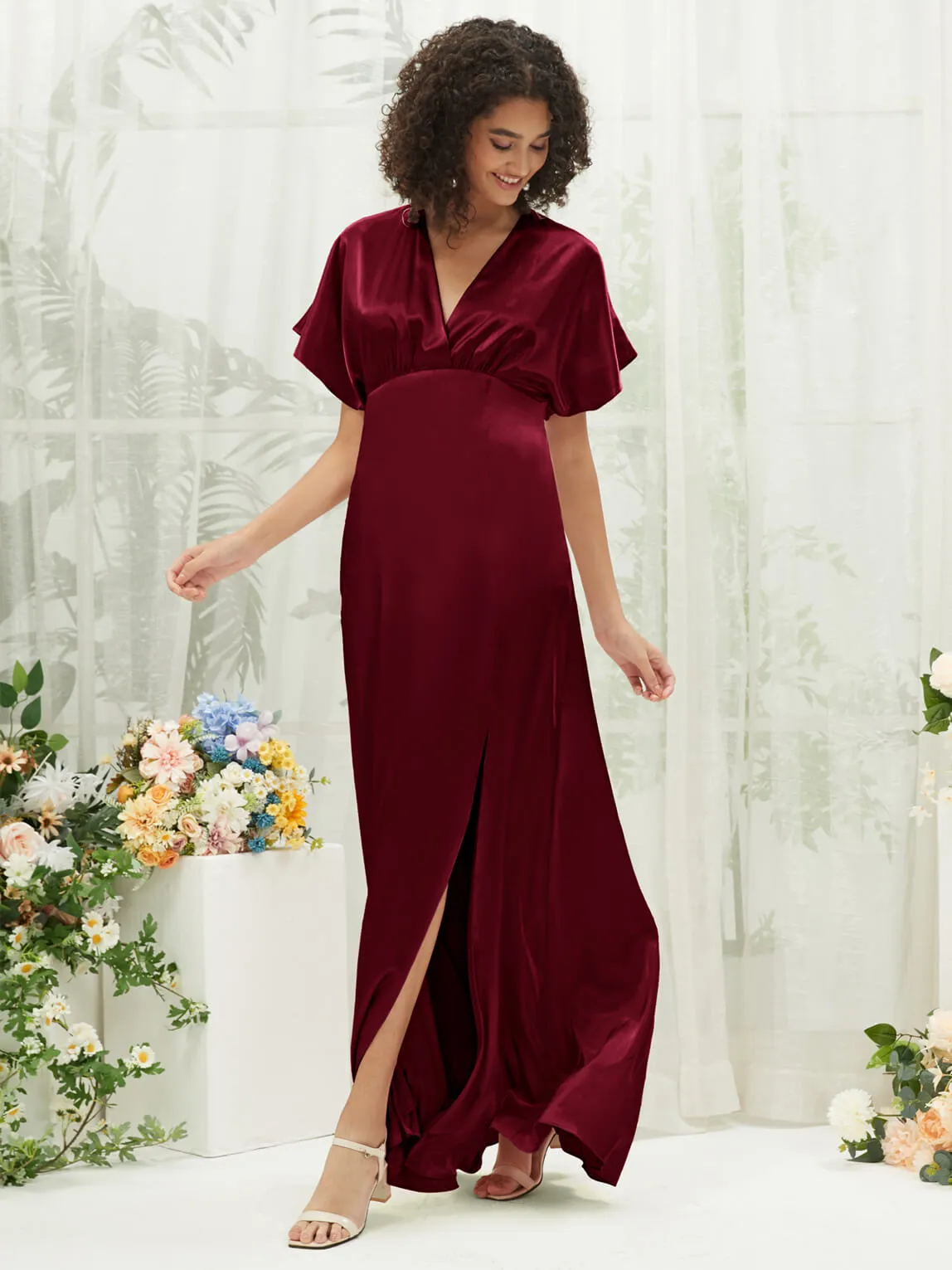 Burgundy V-Neck Short Sleeve Satin Maxi Bridesmaid Dress With Slit