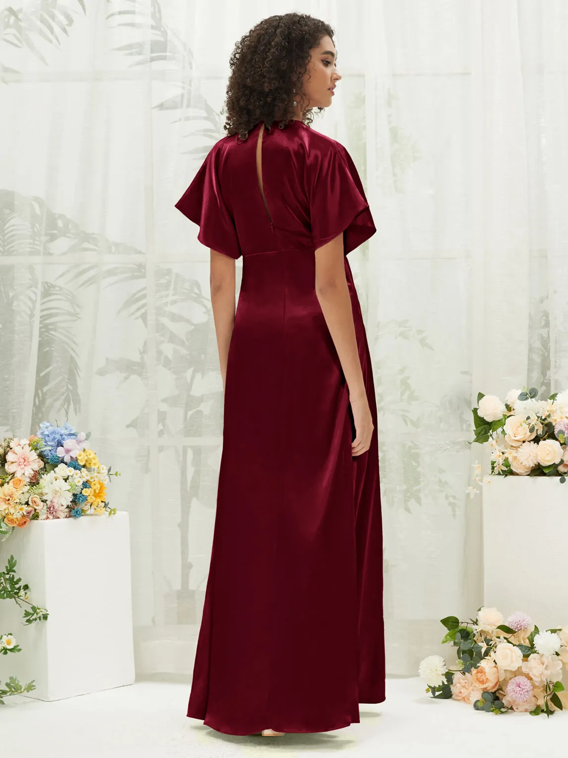 Burgundy V-Neck Short Sleeve Satin Maxi Bridesmaid Dress With Slit