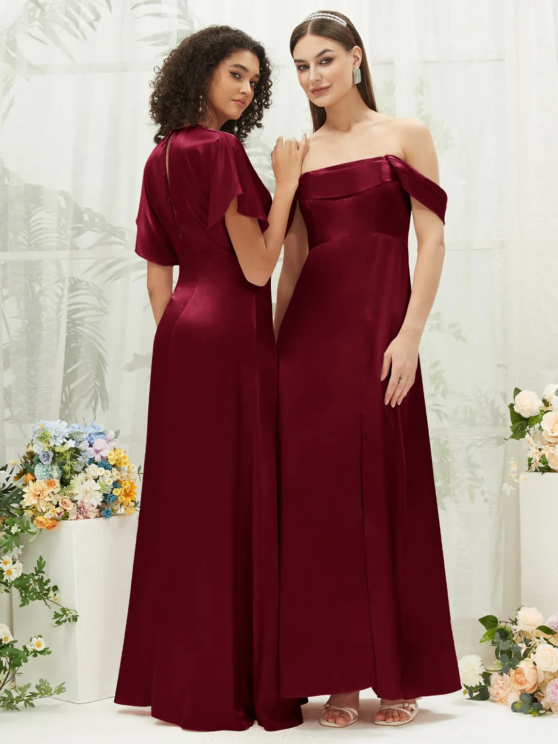 Burgundy V-Neck Short Sleeve Satin Maxi Bridesmaid Dress With Slit