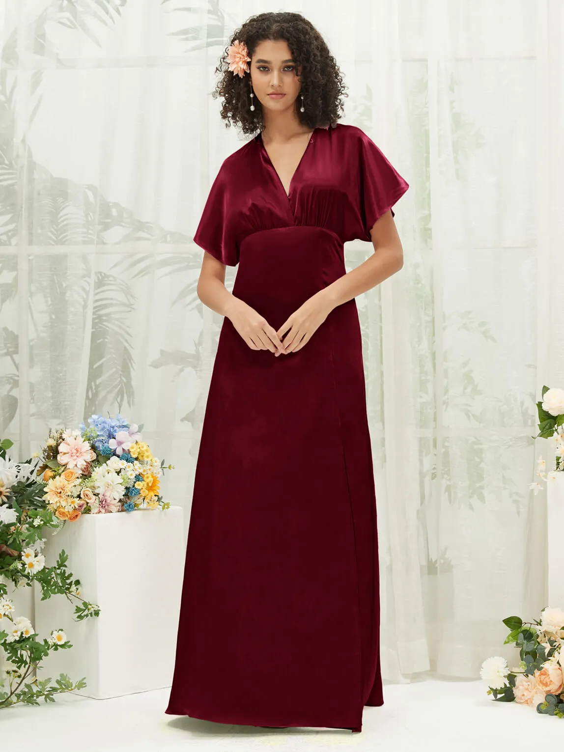 Burgundy V-Neck Short Sleeve Satin Maxi Bridesmaid Dress With Slit
