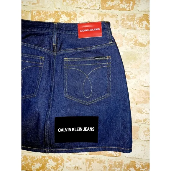 Calvin Klein Jeans Premium Italian Denim Skirt - Vinyl Sleeve Logo - Dark Rinse