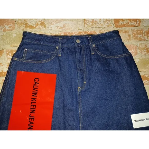 Calvin Klein Jeans Premium Italian Denim Skirt - Vinyl Sleeve Logo - Dark Rinse