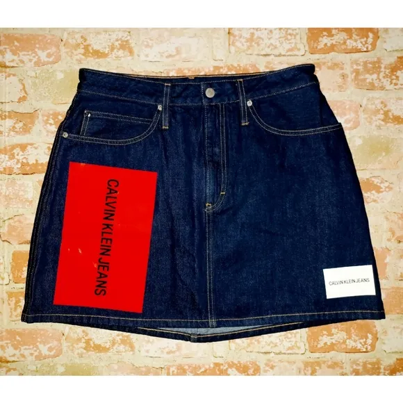 Calvin Klein Jeans Premium Italian Denim Skirt - Vinyl Sleeve Logo - Dark Rinse
