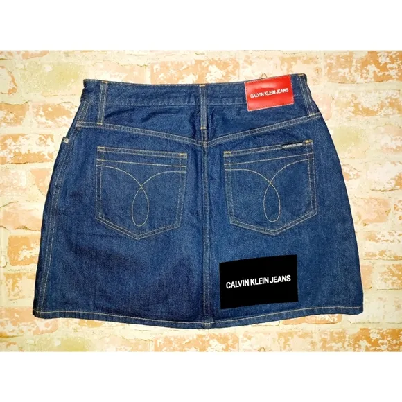 Calvin Klein Jeans Premium Italian Denim Skirt - Vinyl Sleeve Logo - Dark Rinse