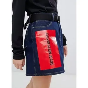 Calvin Klein Jeans Premium Italian Denim Skirt - Vinyl Sleeve Logo - Dark Rinse