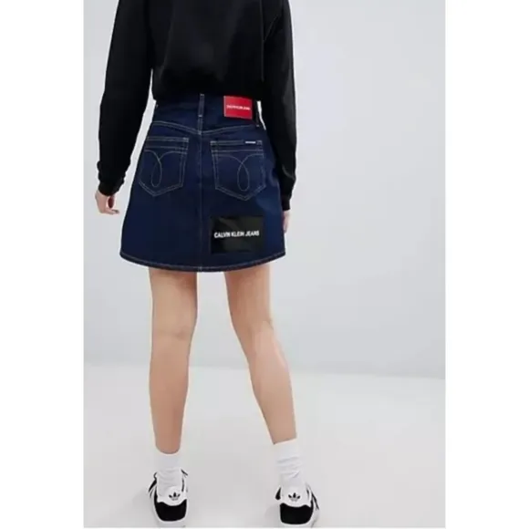 Calvin Klein Jeans Premium Italian Denim Skirt - Vinyl Sleeve Logo - Dark Rinse