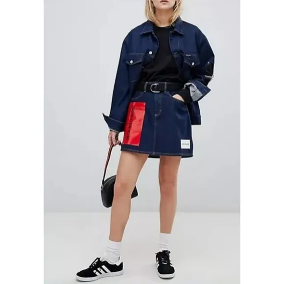 Calvin Klein Jeans Premium Italian Denim Skirt - Vinyl Sleeve Logo - Dark Rinse