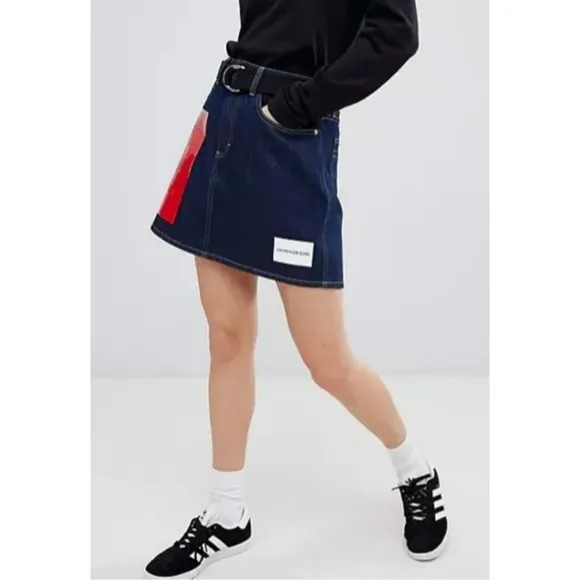 Calvin Klein Jeans Premium Italian Denim Skirt - Vinyl Sleeve Logo - Dark Rinse