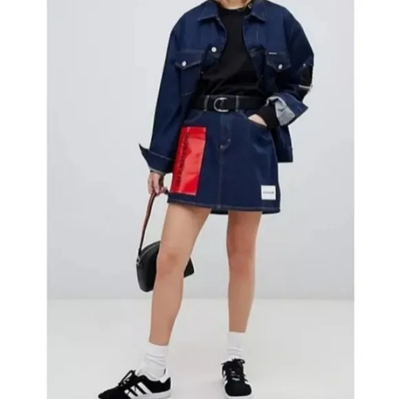 Calvin Klein Jeans Premium Italian Denim Skirt - Vinyl Sleeve Logo - Dark Rinse