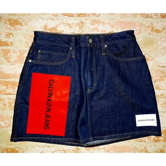 Calvin Klein Jeans Premium Italian Denim Skirt - Vinyl Sleeve Logo - Dark Rinse