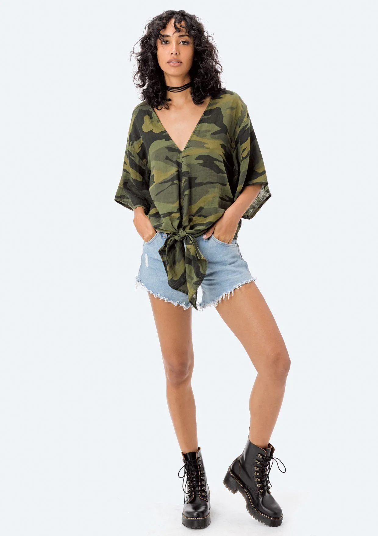 Casey Camo Tie Front Top