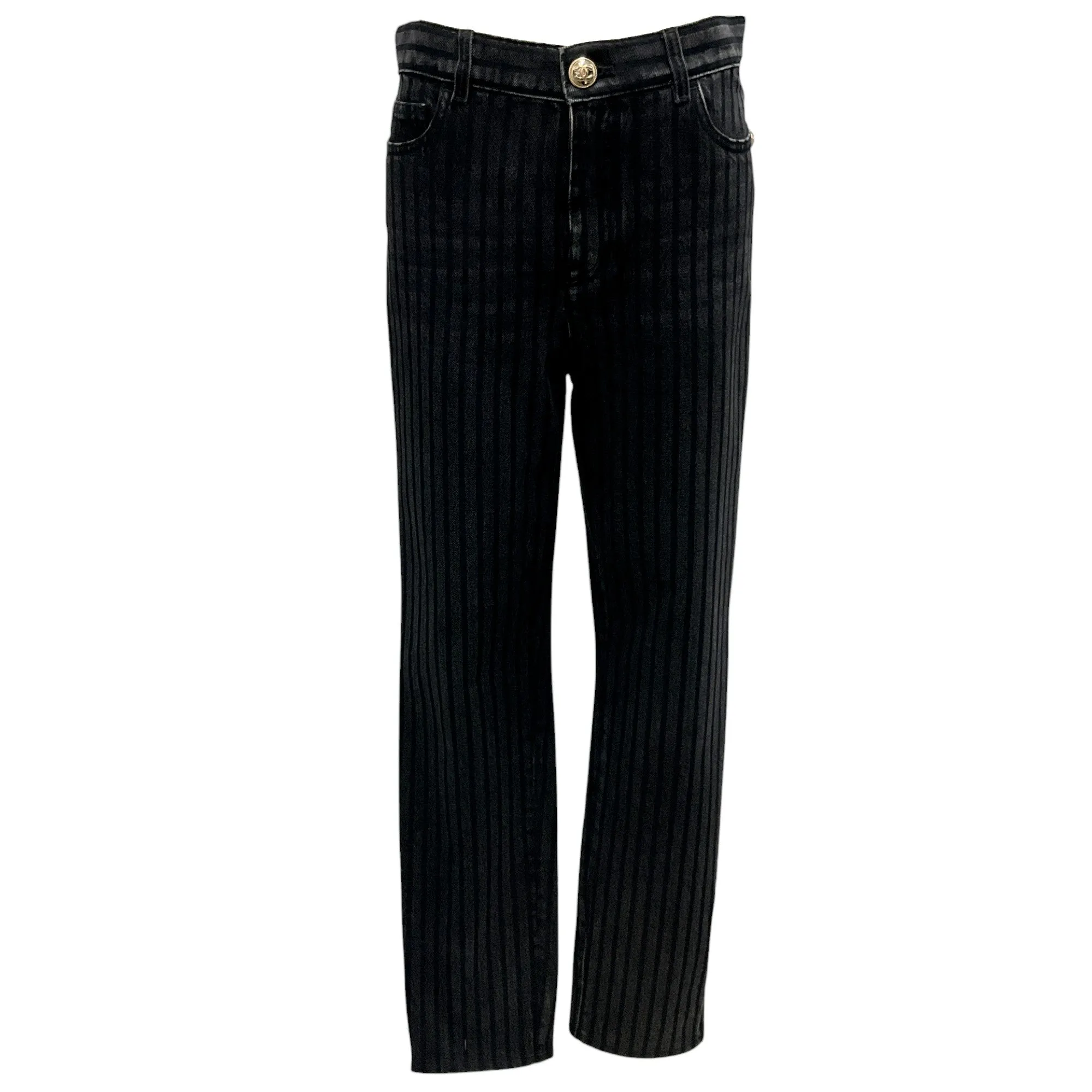 Chanel Black Pinstriped Ankle Zip Denim Jeans