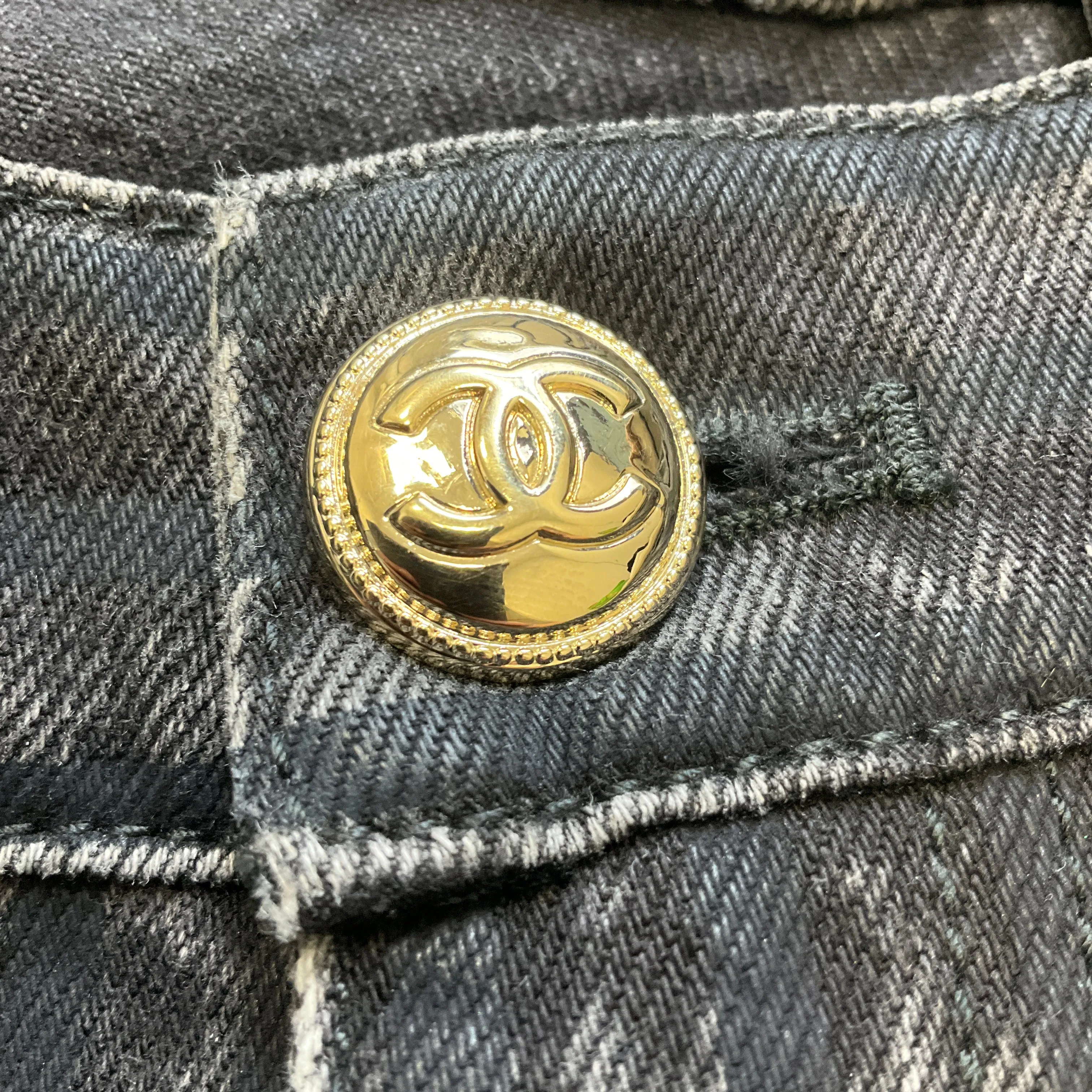 Chanel Black Pinstriped Ankle Zip Denim Jeans