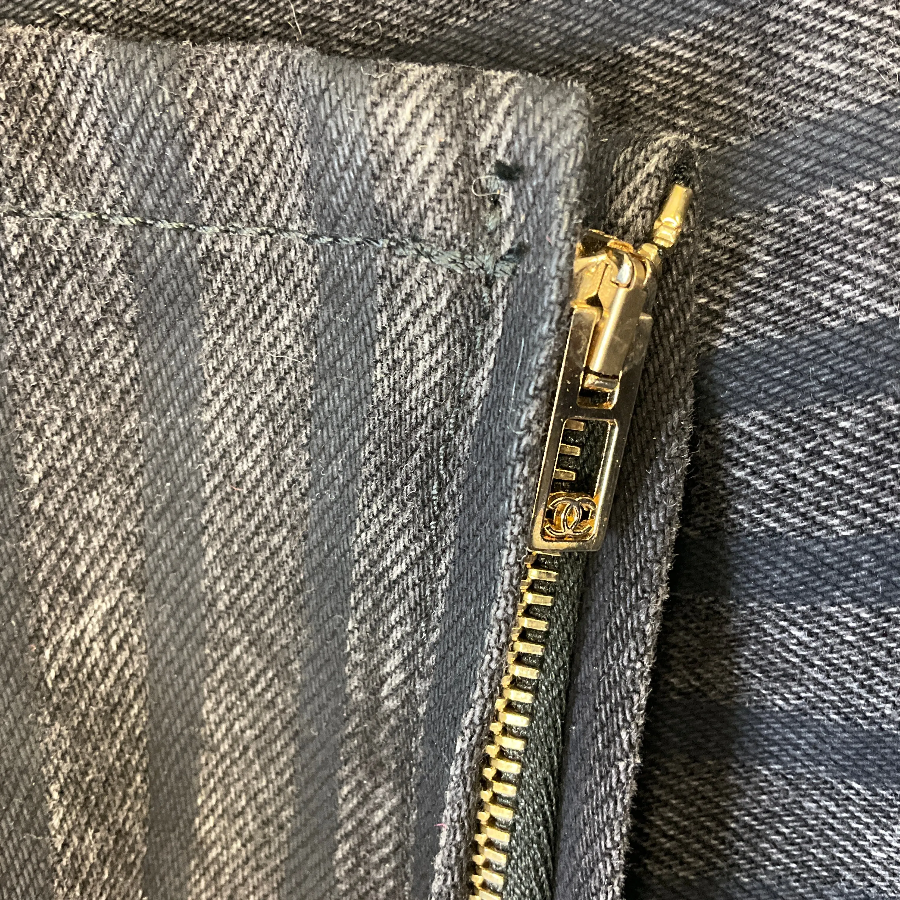 Chanel Black Pinstriped Ankle Zip Denim Jeans