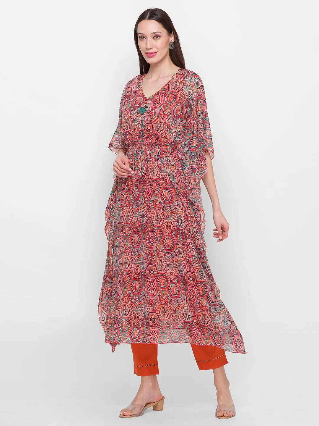 Chiffon V-neck Kimono Sleeve Multi Color Geometric Print Ethnic wear kaftan with pant set for women - ZOLA