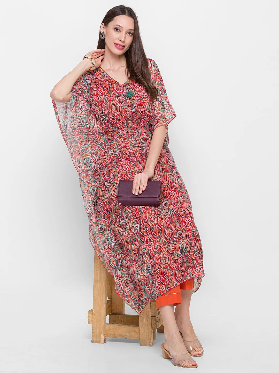 Chiffon V-neck Kimono Sleeve Multi Color Geometric Print Ethnic wear kaftan with pant set for women - ZOLA
