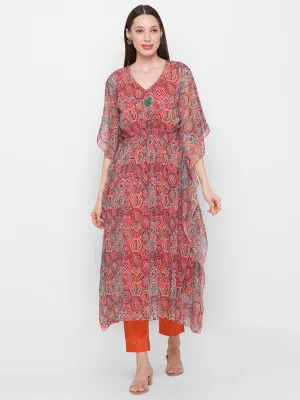 Chiffon V-neck Kimono Sleeve Multi Color Geometric Print Ethnic wear kaftan with pant set for women - ZOLA