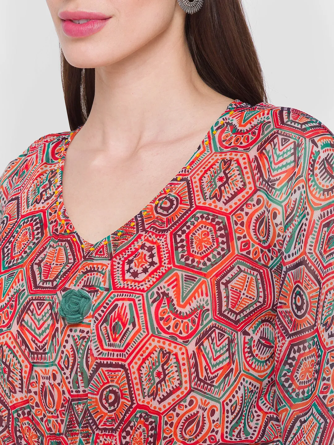 Chiffon V-neck Kimono Sleeve Multi Color Geometric Print Ethnic wear kaftan with pant set for women - ZOLA