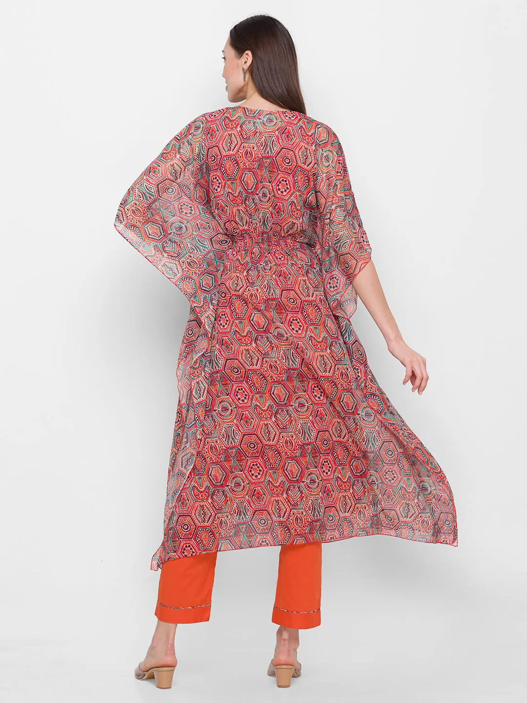 Chiffon V-neck Kimono Sleeve Multi Color Geometric Print Ethnic wear kaftan with pant set for women - ZOLA